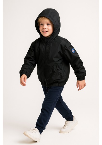 Erkek Çocuk Kapüşonlu Su Geçirmez Yağmurluk Siyah