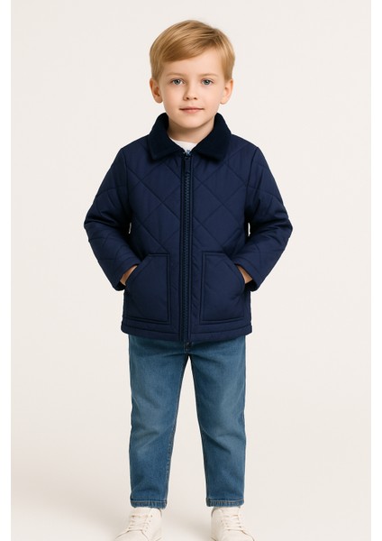 Erkek Çocuk Kapitone Kadife Yaka Mont Lacivert