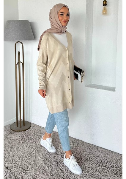 Ön Düğmeli Desenli Tesettür Triko Hırka (M-L-Xl Uyumludur) P-00018881