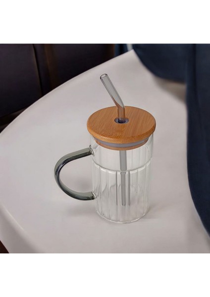 Bambu Kapaklı Cam Pipetli Kupa 420 ml | Füme - Gri