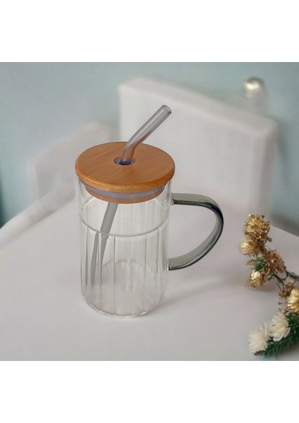 Bambu Kapaklı Cam Pipetli Kupa 420 ml | Füme - Gri fiyatları