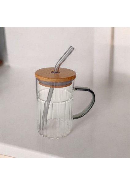 Bambu Kapaklı Cam Pipetli Kupa 420 ml | Füme - Gri indirimleri