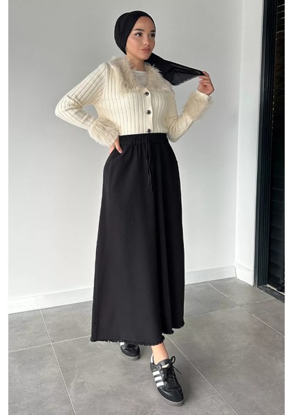 Çift Cepli Bel Lastikli Tesettür Gabardin Etek P-00018923 fiyatları