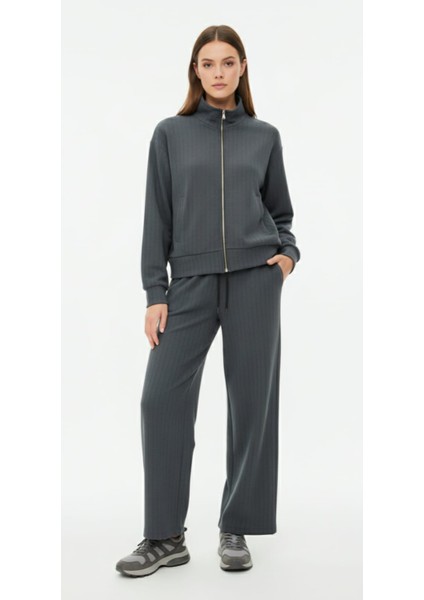 Krep Kumaş Çizgili Likralı Uzun Kol Kadın Eşofman Takım