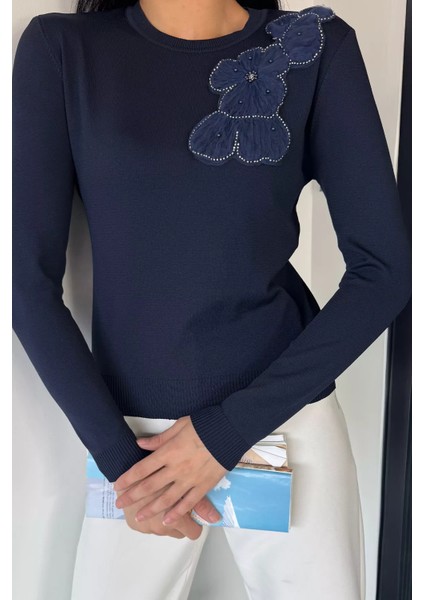 Kadın Bisiklet Yaka Çiçek Figürlü Triko Bluz P-00018056