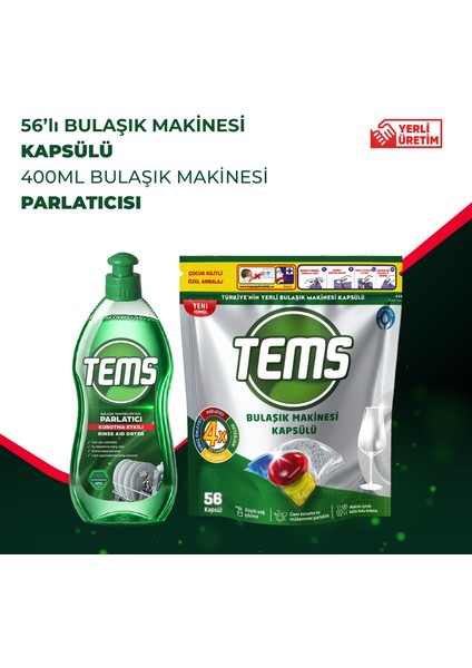4 Etkili Bulaşık Makinesi Kapsülü 56'lı + Tems Bulaşık Makinesi Parlatıcı 400 ml