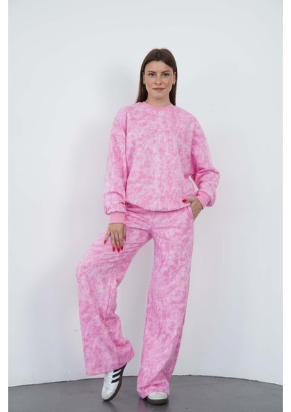 Valeria Kadın 3 Iplik Şardonsuz Pamuk Oversize Bisiklet Yaka Sweatshirt-Pembe Baskılı fiyatları