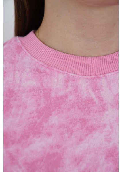 Valeria Kadın 3 Iplik Şardonsuz Pamuk Oversize Bisiklet Yaka Sweatshirt-Pembe Baskılı modelleri