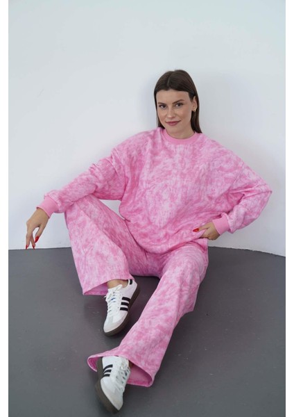 Valeria Kadın 3 Iplik Şardonsuz Pamuk Oversize Bisiklet Yaka Sweatshirt-Pembe Baskılı