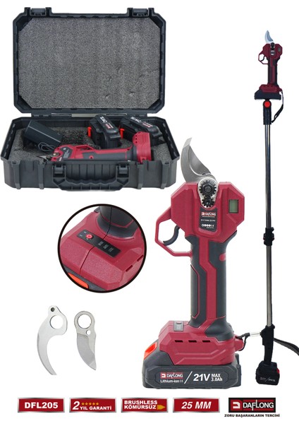 Pro Brushless 2.1m Teleskopik Çelik Sanzuman Çift Bıçaklı Şarjlı Dijital Bağ Makası DFL-205