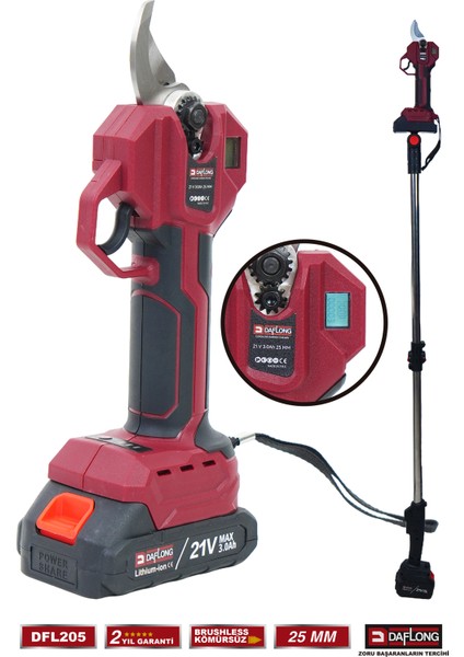 Pro Brushless 2.1m Teleskopik Çelik Sanzuman Çift Bıçaklı Şarjlı Dijital Bağ Makası DFL-205 modelleri