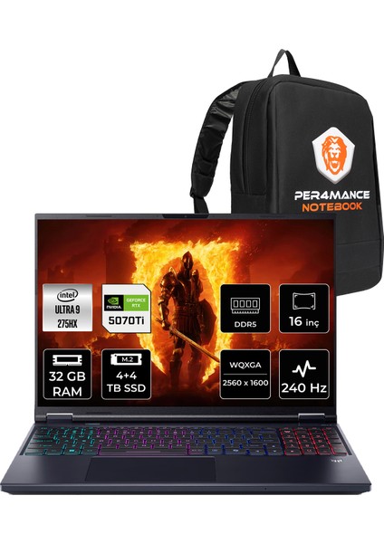 Predator Helios Neo 16 Aı Intel Core Ultra 9 275HX 32GB 4tb+4tb SSD RTX5070TI/12GB 170W 16" Qhd+ 240Hz Fdos Taşınabilir Bilgisayar & Per4 Çanta NHQX2EY002P324