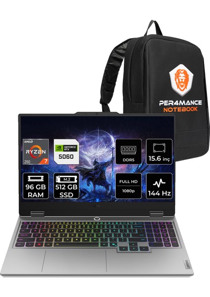 Loq Amd Ryzen 7 250 96GB 512GB SSD RTX5060/8GB 100W 15.6" Fhd 144Hz Fdos Taşınabilir Bilgisayar & Per4 Çanta 83JG006ETRP350
