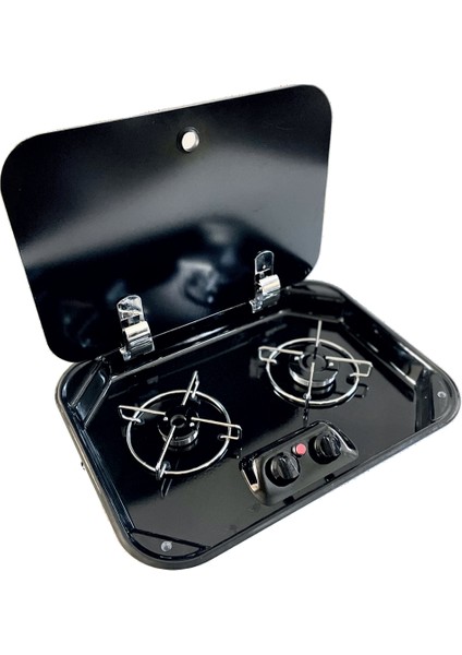 Karavan&tekne Siyah Emaye Cam Kapaklı Çift Gözlü Ocak (Universal)