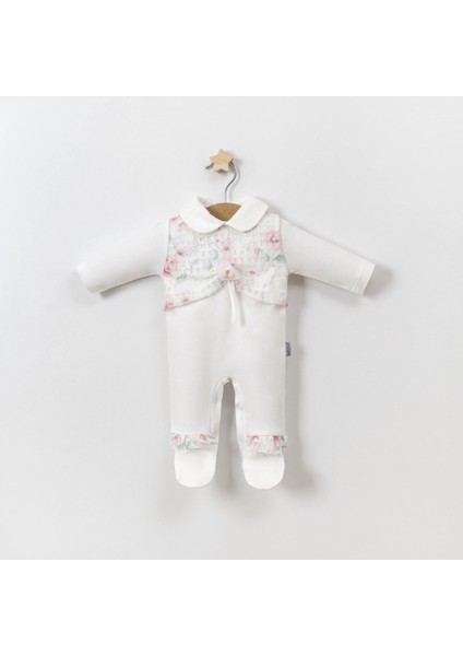 Baskılı Gül Detaylı Dantelli Kız Bebe Tulum