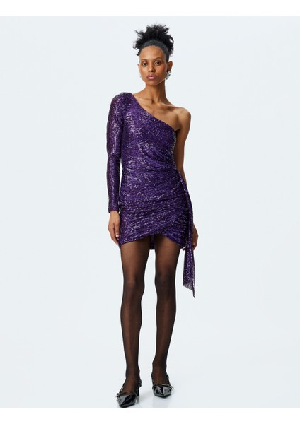 Pullu Payetli Tek Omuz Uzun Kollu Mini Elbise