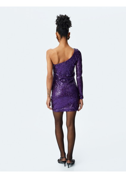 Pullu Payetli Tek Omuz Uzun Kollu Mini Elbise fırsatları