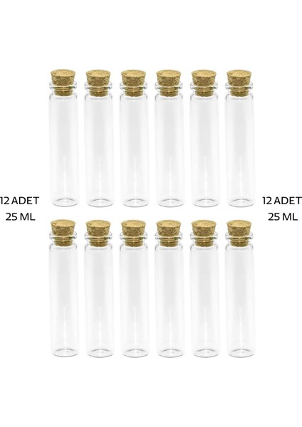 12 Adet ( 25ML ) ( Çok Amaçlı & Dekoratif ) ( Boş Tüp ) Cam Şişe Mantar Kapaklı fiyatları