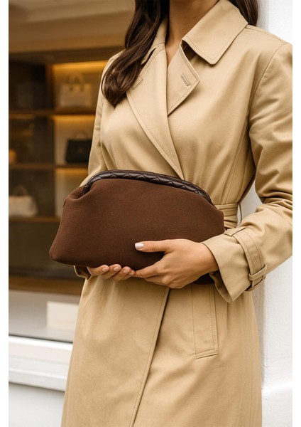 Acı Kahve Süet Deri Portföy Clutch Çanta