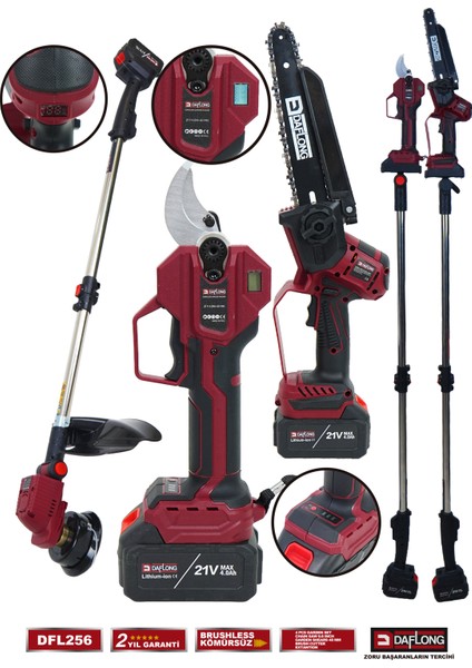 4'lü Bahçe Seti 40MM Dijital Bağ Makası Oto Yağlama Budama 2.1m Uzatma Şarjlı Tırpan DFL-256
