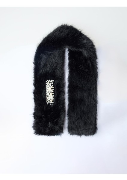 Siyah Inci Detaylı Peluş Atkı