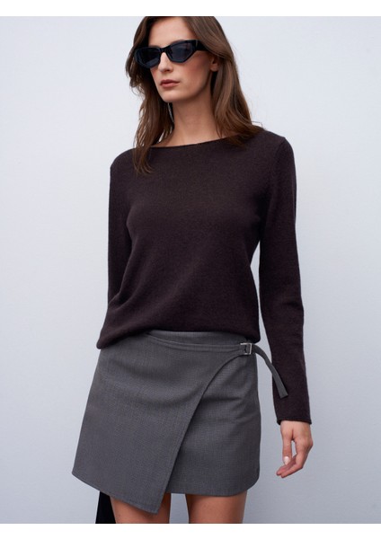 %100 Kaşmir Kayık Yaka Kazak-Kahve M.