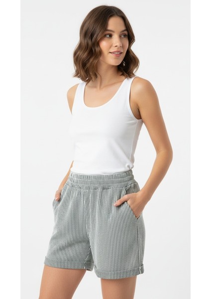 Kadın Çizgili Ev Şortu Mavi