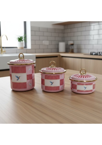 3’lü Bird Studio Pembe Renk Kuş Desenli Emaye Tezgah Üstü Kavanoz Takımı - 950-650-400 Ml.