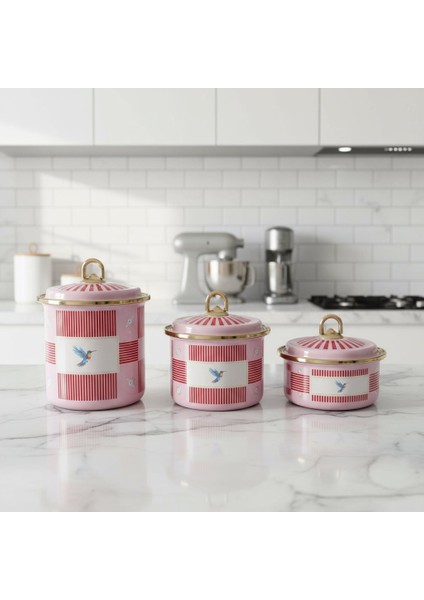 3’lü Bird Studio Pembe Renk Kuş Desenli Emaye Tezgah Üstü Kavanoz Takımı - 950-650-400 Ml. modelleri