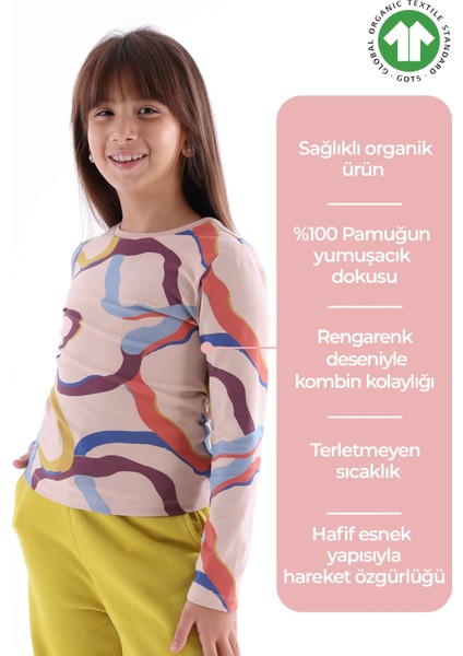 Organik Renk Şerit Baskılı Baharlık Kız Çocuk Sweatshirt