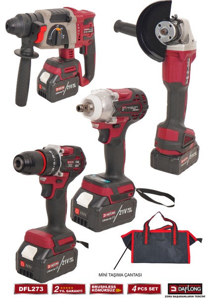 4'lü Çantalı Usta Seti 600NM Torklu+Kırıcı Delici Hilti+Taşlama+Şarjlı Matkap DFL-273