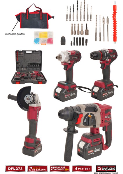 4'lü Çantalı Usta Seti 600NM Torklu+Kırıcı Delici Hilti+Taşlama+Şarjlı Matkap DFL-273 fiyatları