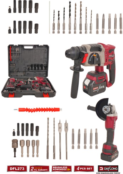 4'lü Çantalı Usta Seti 600NM Torklu+Kırıcı Delici Hilti+Taşlama+Şarjlı Matkap DFL-273 modelleri