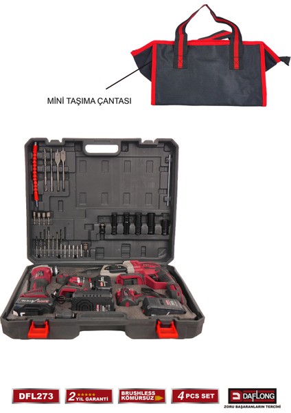 4'lü Çantalı Usta Seti 600NM Torklu+Kırıcı Delici Hilti+Taşlama+Şarjlı Matkap DFL-273 indirimleri