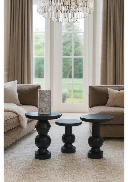 Doğal Ahşap Siyah Mantar Sehpa 3’lü Zigon Seti – Şık Fiskos Takımı