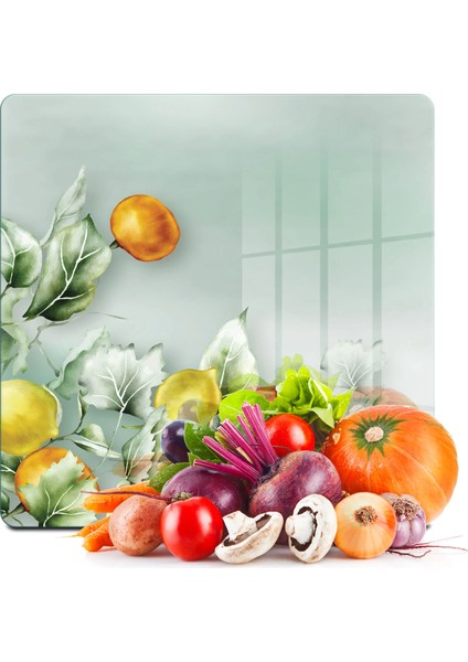 Cam Kesme Tahtası ve Sunumluk Kare Vintage Fruit 30X30 cm