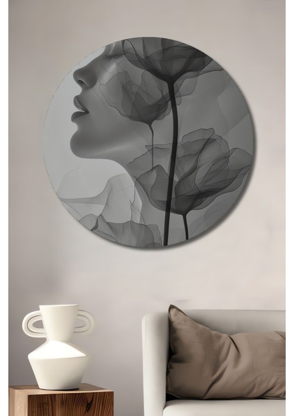 Çiçekler ve Kadın Silüeti Dekoratif Ahşap Mdf Ev/işyeri Duvar Tablo Yuvarlak Ev/işyeri Duvar Tablo