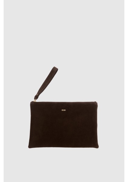 Suvea Kahve Süet Hakiki Deri Clutch