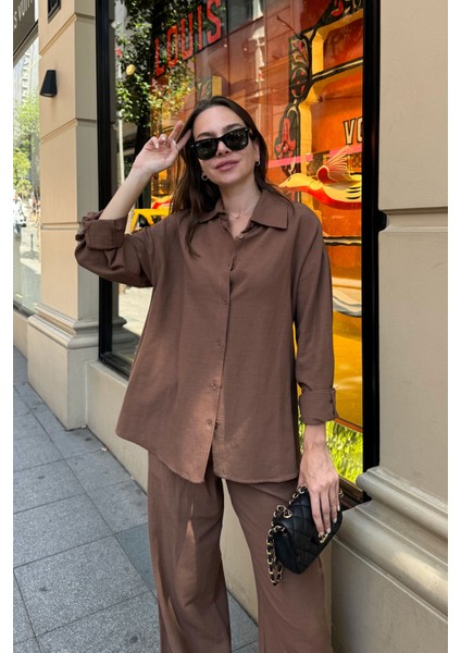Oversize Keten Gömlek- Kahverengi