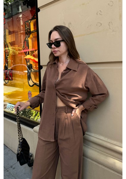 Oversize Keten Gömlek- Kahverengi