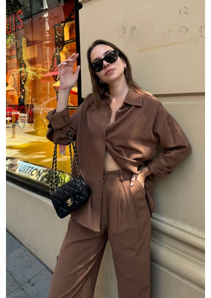 Oversize Keten Gömlek- Kahverengi