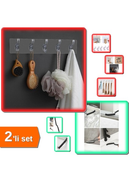 Çok Amaçlı Kendinden Yapışkanlı 5'li Şeffaf Askı + Ince Kıl Temizlik Fırçası 2'li Set D4E5F6
