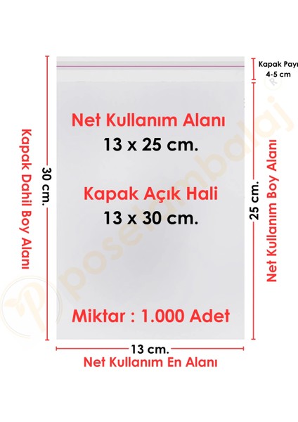 13X25+5 CM.(13X30) 1.000 Adet Şeffaf Bantlı Yapışkanlı Opp Poşet