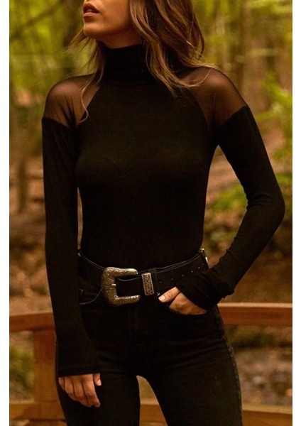 Mdb Kadın Omuzları Tül Balıkçı Yaka Viskon Kumaş Bluz