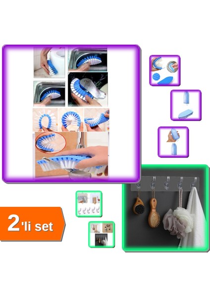 Bükülebilir Esnek Kenar Köşe Temizlik Fırçası + Çok Amaçlı Kendinden Yapışkanlı Askı 2'li Set Q4D5E6