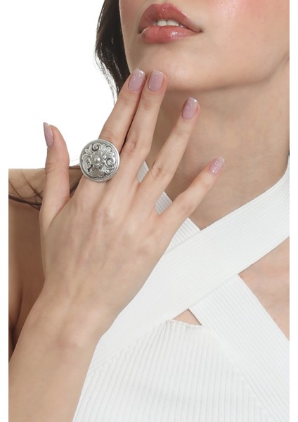 Kadın Antik Gümüş Kaplama Çiçek Motifli Ayarlanabilir Yüzük