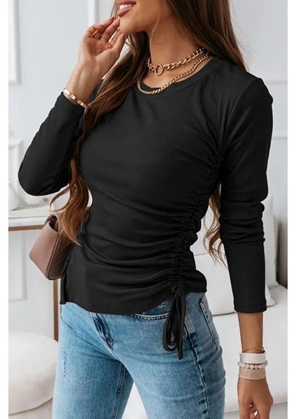 Mdb Kadın Uzun Kollu Bisiklet Yaka Yanları ve Kolları Büzgülü Kadife Bluz