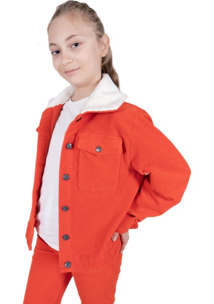 Fitilli Kadife Peluş Yaka Turuncu Kışlık Kız Çocuk Mont