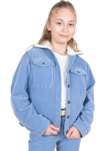 Fitilli Kadife Peluş Yaka Açık Mavi Kışlık Kız Çocuk Mont