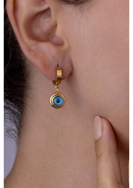 Altın Kaplama Mineli Nazar Boncuklu Göz Çelik Küpe